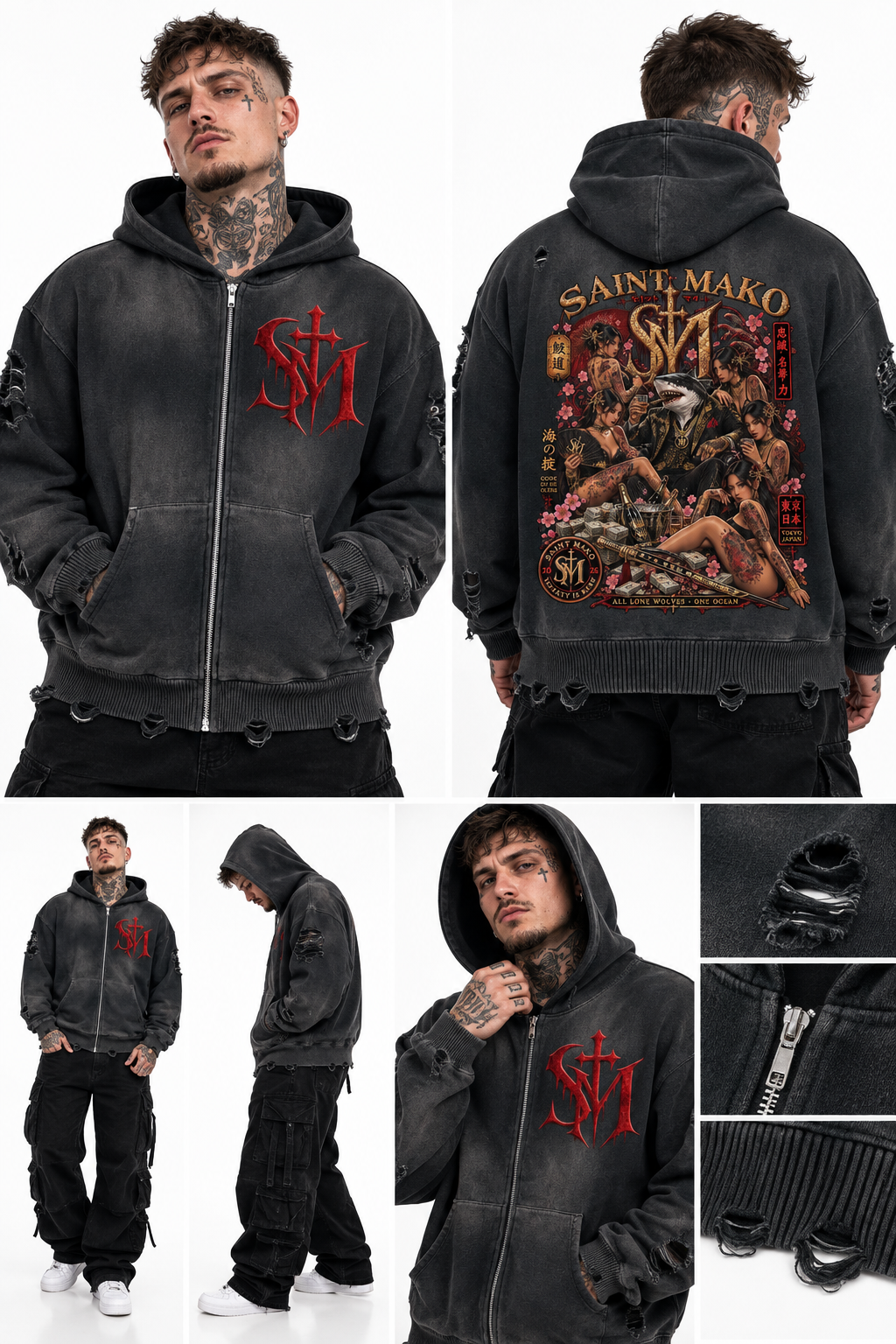 Saint Mako Distressed Full Zip Hoodie